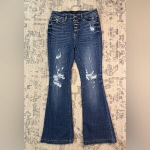 JUDY BLUE Button Fly High Waisted Dark Wash Distressed Flare Jeans